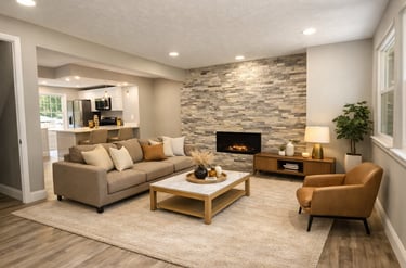 Basement finishing project in Lorton, VA with a newly updated fireplace, added living space, and mod