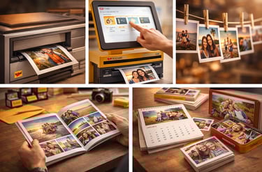 A collage showing Kodak photo printing services including kiosks, prints, custom photo books, and calendars.