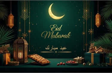 Luxury Eid Mubarak design with golden crescent moon, lanterns, dates, sweets and elegant Islamic patterns on green background