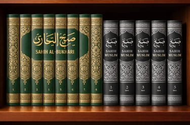  Sahih al-Bukhari and Sahih Muslim Hadith books arranged on a wooden shelf, representing of Islamic hadith