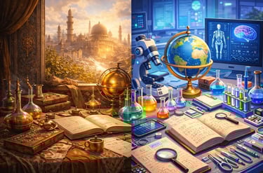 classical scholars, ancient library, manuscripts, mosque architecture, modern laboratory, microscope, science education