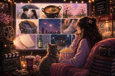 Cozy anime girl watching K-drama scenes with her cat, featuring ramen, cherry blossoms, and popcorn.