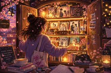 Cozy anime girl looking at a glowing shelf of K-drama photos and cherry blossoms at dusk.