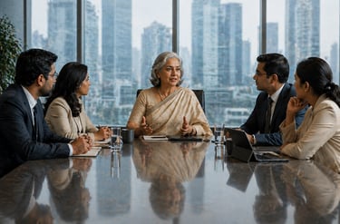 A diverse group of business professionals in a corporate boardroom meeting overlooking a city skyline.