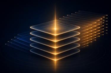 Abstract glowing layers representing capability architecture and systems infrastructure.