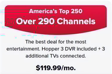DISH America's Top 250 package offering over 290 channels and Hopper 3 DVR for $119.99 per month.