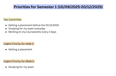A student's priority list for Semester 1 including exam study, placement goals, and coursework schedules.