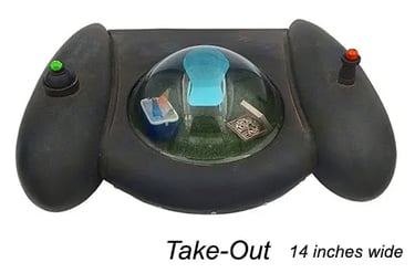 Found object spaceship sculpture named Take-Out by artist Tal Avitzur.