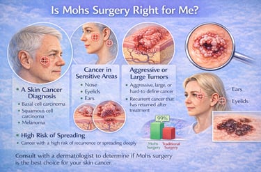 Illustration showing who is a candidate for Mohs surgery, skin cancer type, location, and risk level