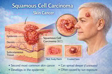 Illustration showing squamous cell carcinoma (SCC) skin cancer and how it affects the skin layers