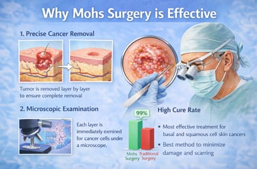 Diagram explaining why Mohs surgery is effective, precise cancer removal and microscopic examination