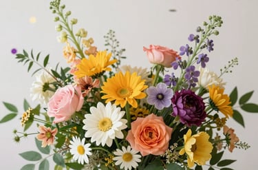 Elegant birthday floral arrangement with vibrant colors and fresh flowers on a soft pastel background.