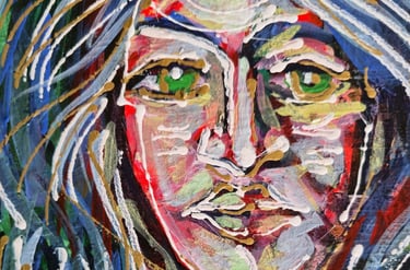 Figurative Leinwand mit grünem Feld, roten Hauttönen und weißen Linien; Blüten auf der Figur