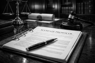 A mandate protocol legal document on a desk with a judge's gavel and scales of justice.