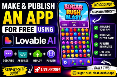 YouTube thumbnail for a tutorial about how to make and publish an app for free using Lovable AI, fea