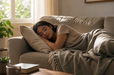 A woman taking a peaceful nap on a comfortable sofa with a warm blanket in a sunlit living room.