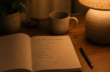 Handwritten sleep hygiene checklist in a notebook on a cozy wooden desk with a warm lamp and coffee mug.