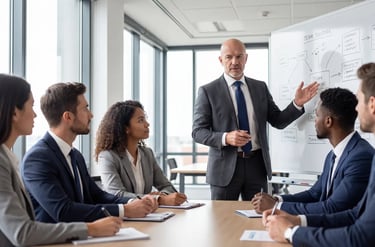 Business professionals in formal meeting discussing strategy around conference table