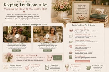 Vintage family traditions website layout featuring nostalgic recipe cards, memory journals, and heirloom decor.