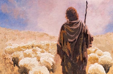 Ultimate Shepherd by Martin Osner an impressionistic painting of a shepherd guiding his flock toward heavenly light.