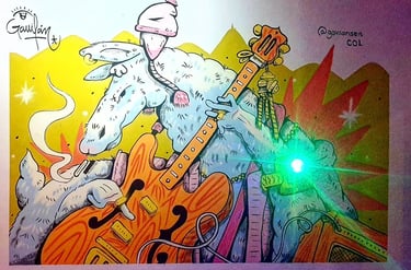 une fresque d'un lama qui fait de la guitare
