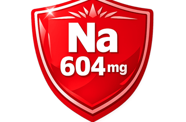 A red glossy shield icon displaying Na 604mg representing sodium content in milligrams.