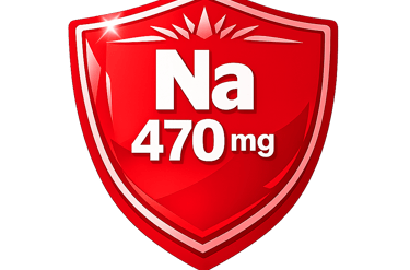 Red glossy shield icon displaying Na 470mg sodium content label for nutritional facts.