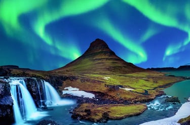 Vibrant green Northern Lights over Kirkjufell mountain and waterfall in Iceland.