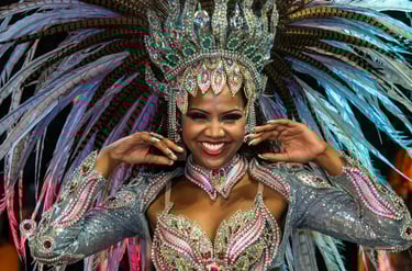 Smiling Brazilian carnival dancer in an elaborate sequined costume and feathered gemstone headdress.