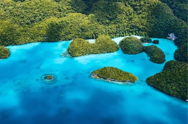 Aerial view of lush green tropical islands surrounded by vibrant turquoise ocean water in Palau.