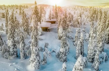 Cozy wooden cabin nestled in a snowy winter forest at sunset with frost-covered trees.