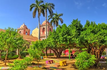 Sunny park in Leon, Nicaragua, featuring tropical palm trees and a historic colonial church under a blue sky.