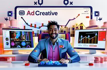 AI-powered ad design workspace with marketing professional reviewing successful campaign results