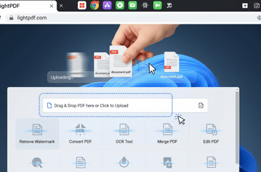 A user drags and drops a PDF file into the clean LightPDF browser interface.