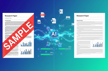 A split-screen showing an AI processes and removes a document watermark in a visual graphic.