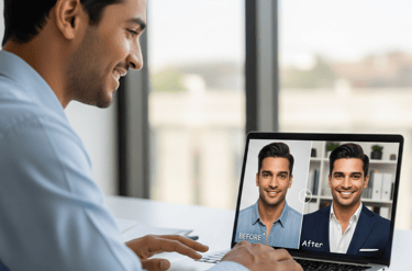 Split-screen on a laptop showing a casual selfie and an AI-generated professional headshot.