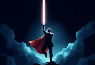 a person holding a glowing sword skyward