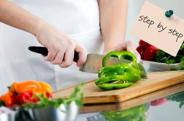 a person cutting a bellpepper on a cutting board
