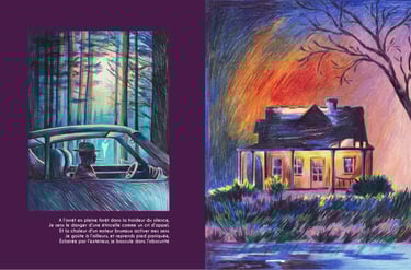a painting of a house with a car in the background