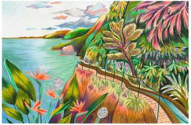 a painting of a landscape with a path leading to a beach