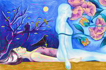 a woman laying on a bed with flowers