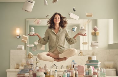 Woman surrounded by hormone support and wellness products