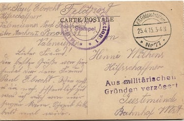 Card of an auxiliary railway clerk (Hilfsschaffner) deposited at the Feldpoststation n° 77 