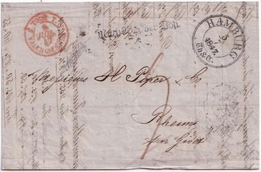 1849, lettre en port dû de HAMBOURG à REIMS.
