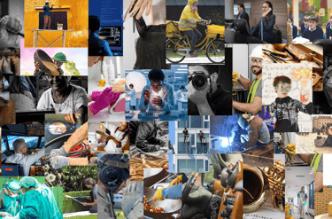 Collage of images symbolizing multiple technical and specialized fields.