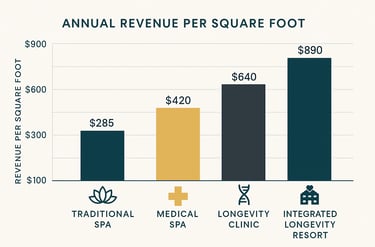 Bar chart comparing revenue per square foot across four wellness models showing longevity clinics