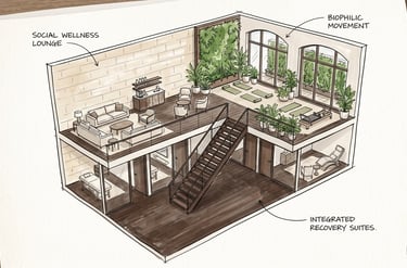 a macro architectural sketch of a premium wellness sanctuary
