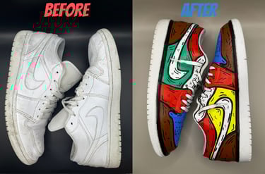 KicksReboot did a full customization of Jordan 1 Low white, painting, comparison of shoes before and after the process