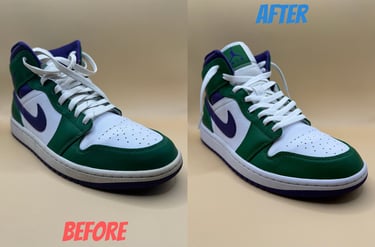 KicksReboot carried out a basic cleaning of Jordan 1 Incredible Hulk, comparison of shoes before and after the process