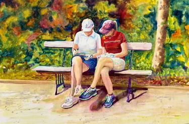 Watercolour of two lady golfers checking scorecard sat on a bench